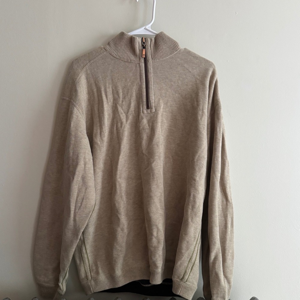 VTG Tommy Bahama Quarter Zip Sweater Mens M Beige 100% Cotton Casual Pullover